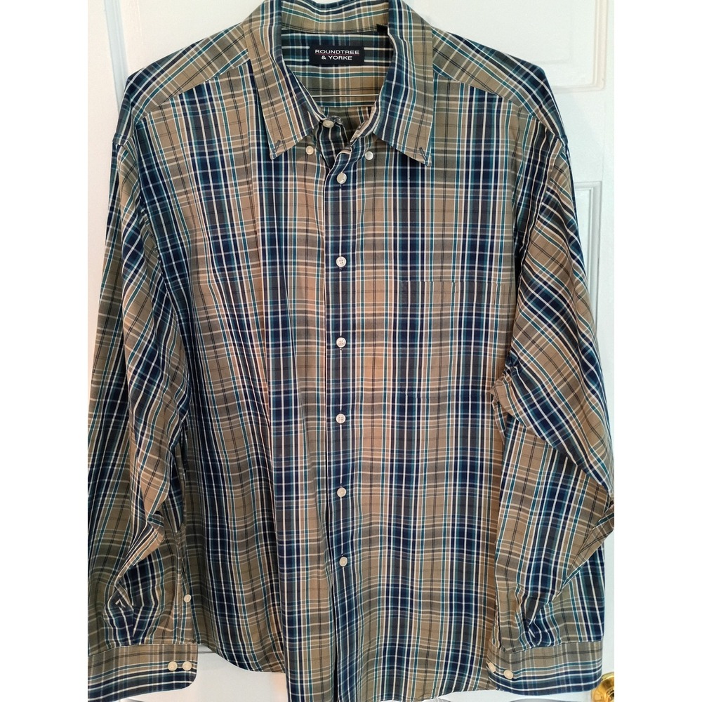 Roundtree & Yorke Mens XXL Blue Tan Plaid Cotton Long Sleeve Button Down Shirt